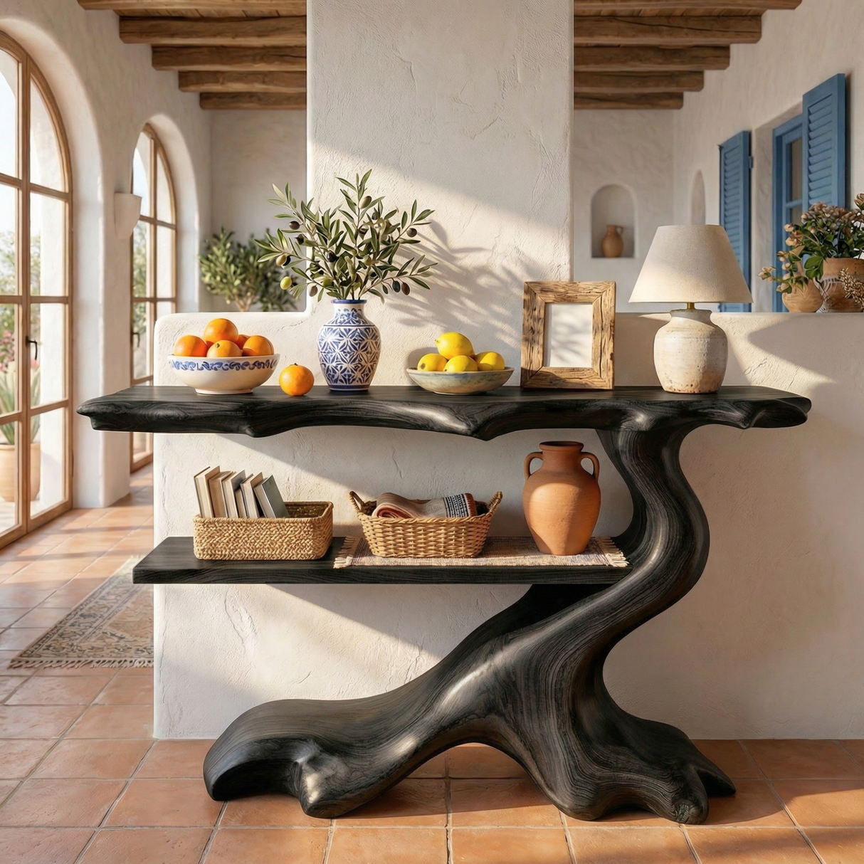 Sculptural Solid Wood Console Table with Open Shelf, Organic Entryway Table