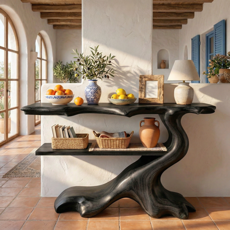 Sculptural Solid Wood Console Table with Open Shelf, Organic Entryway Table