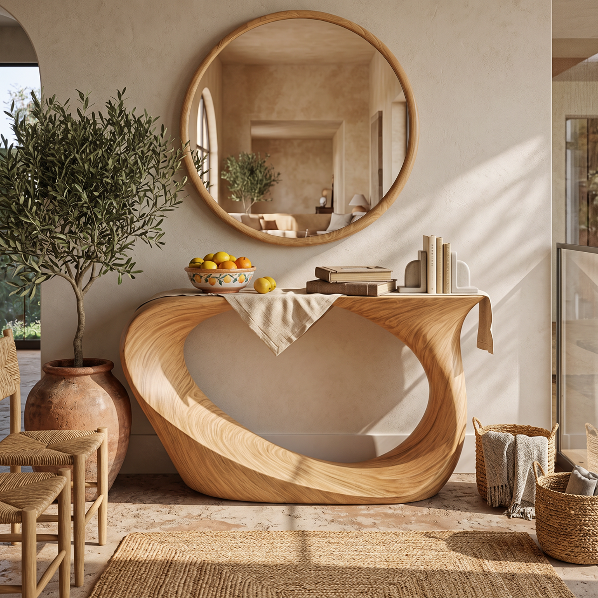 Handcrafted Solid Wood Console Table with Sculptural Loop Base