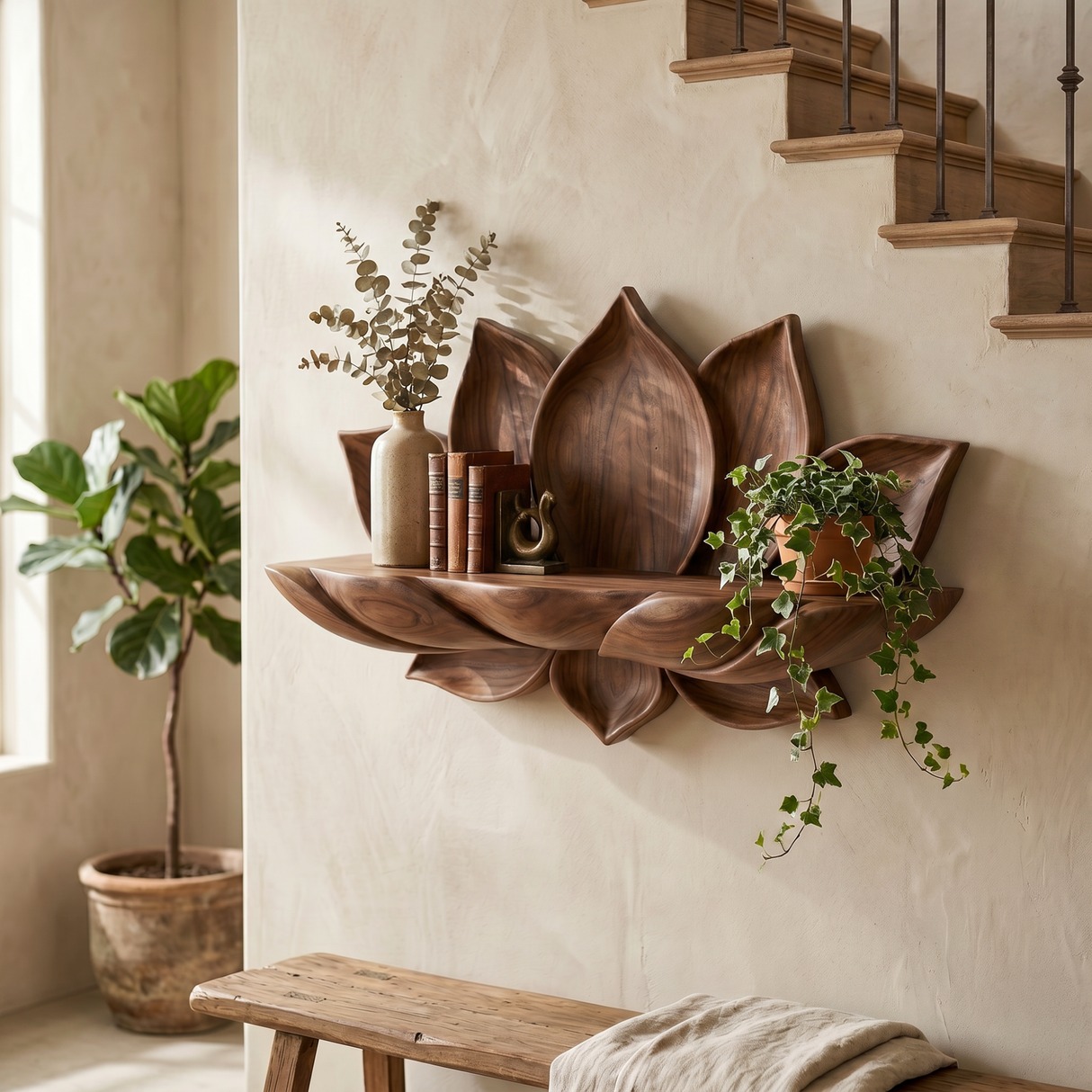 Handcrafted Natural Solid Wood Lotus Petal Wall Shelf for Decorative Display