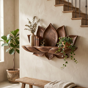 Handcrafted Natural Solid Wood Lotus Petal Wall Shelf for Decorative Display