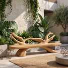 Organic Solid Wood Garden Bench with Sculptural Branch Backrest
