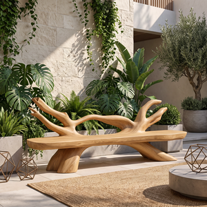 Organic Solid Wood Garden Bench with Sculptural Branch Backrest