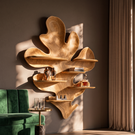 Solid Wood Leaf Sculpture Wall Shelf for Living Room, Organic Wall Mounted Display Decor