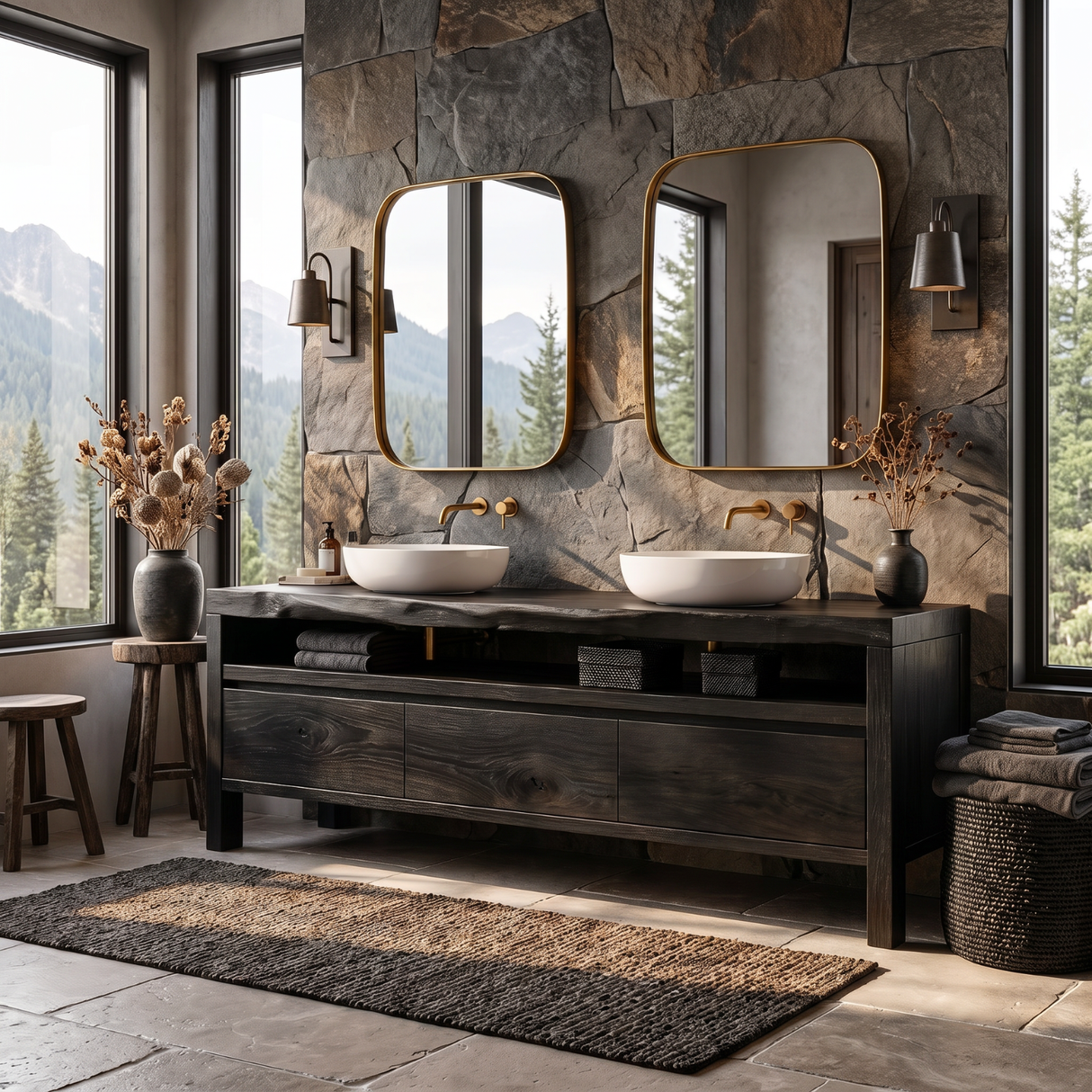 Bathroom Vanity Solid Wood with Double Sink and Open Shelf Storage for Lodge Bathroom