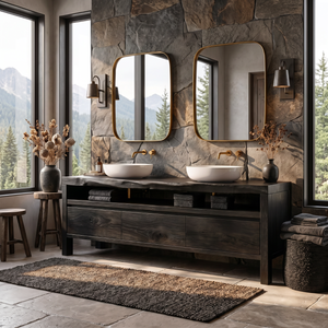Bathroom Vanity Solid Wood with Double Sink and Open Shelf Storage for Lodge Bathroom