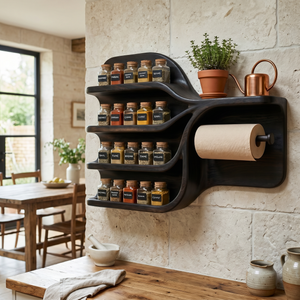 Handcrafted Solid Wood Kitchen Wall Organizer with Spice Shelves and Paper Towel Holder