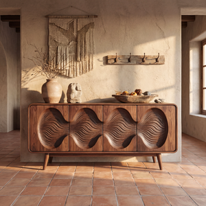 Carved Wave Front Solid Wood Sideboard for Living and Dining