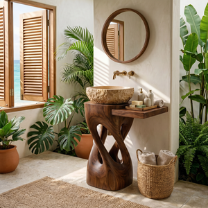 Sculptural Twisted Wood Pedestal Vanity with Organic Open Form