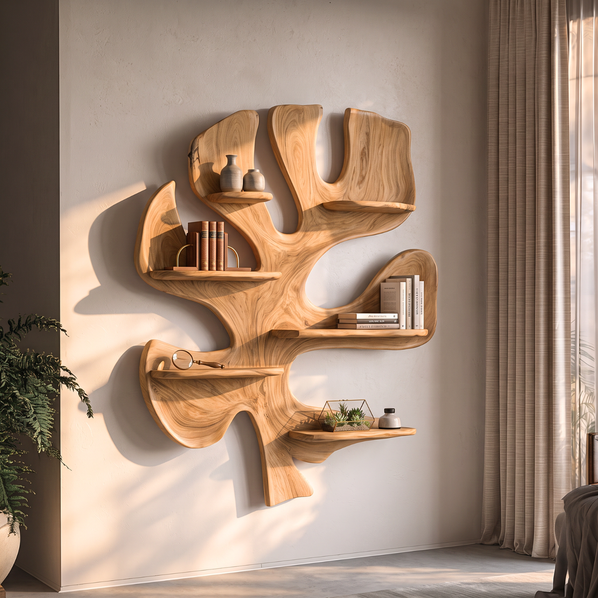 Solid Wood Tree Wall Shelf Sculpture, Organic Wall Mounted Display Shelf Decor