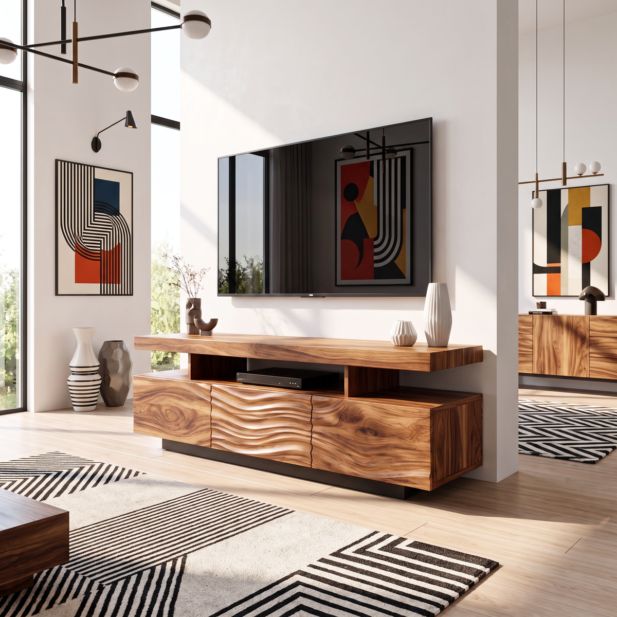 Solid Wood TV Stand with Floating Top and Sculpted Wave Front Cabinet