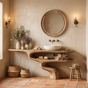 Handcrafted Solid Wood Bathroom Vanity with Sculptural Double Shelf Base