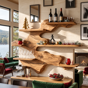 Sculptural Solid Wood Wall Mounted Wine Rack with Staggered Display Shelves