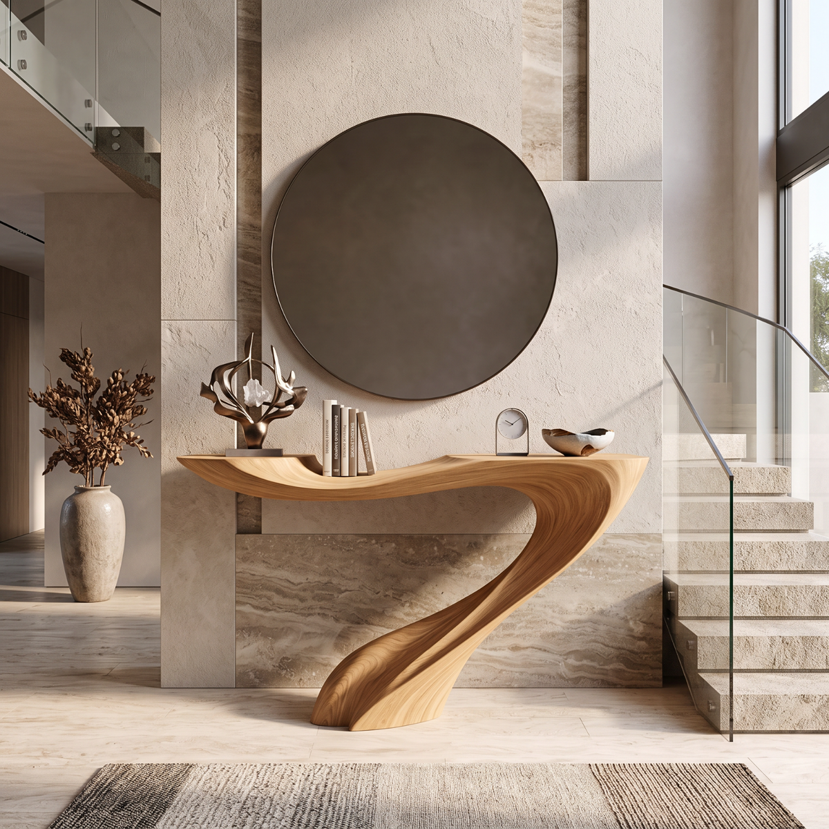 Handcrafted Solid Wood Console Table with Sweeping Wave Pedestal