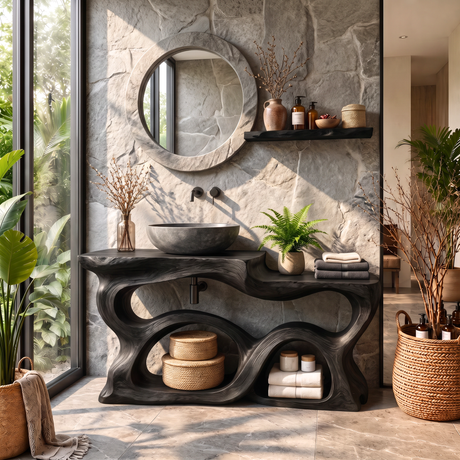 Bathroom Vanity Solid Wood with Sculptural Multi Arch Storage for Bathroom