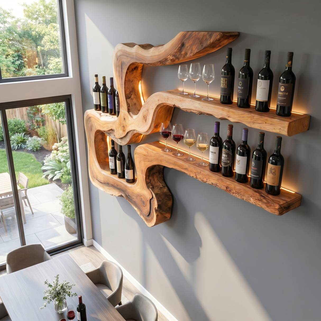 Handmade Organic Wood Wine Rack Wall Shelf Sculptural Bar Decor