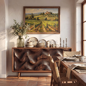 Carved Wave Front Solid Wood Sideboard Cabinet for Living and Dining