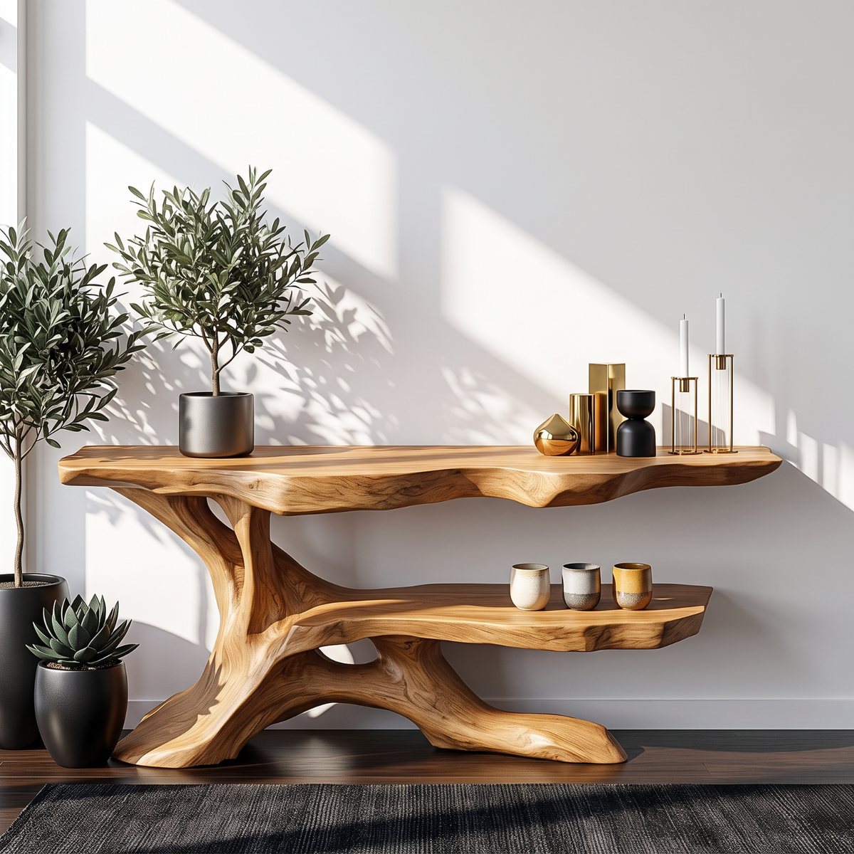 Handcrafted Live Edge Console Table with Sculptural Branch Base and Display Shelf