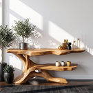 Handcrafted Live Edge Console Table with Sculptural Branch Base and Display Shelf