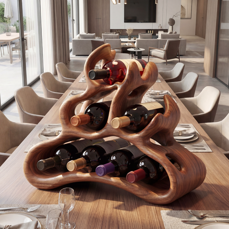 Organic Solid Wood Wine Rack Artistic Curved Bottle Holder Compact Countertop Display