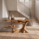 Handcrafted Solid Wood Console Table with Tree Root Base and Side Shelf