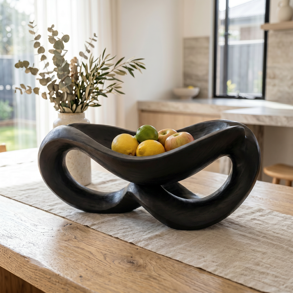 Solid Wood Infinity Curve Fruit Bowl with Open Loop Sculptural Base