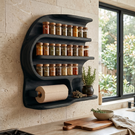 Sculptural Solid Wood Wall Spice Rack with Paper Towel Holder