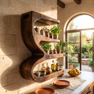 Solid Wood S Curve Wall Spice Rack with Three Open Kitchen Shelves