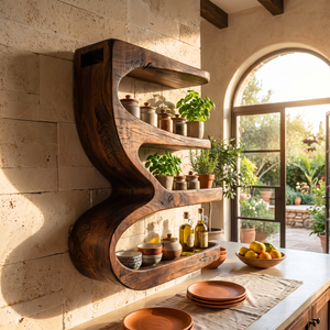 Solid Wood S Curve Wall Spice Rack with Three Open Kitchen Shelves