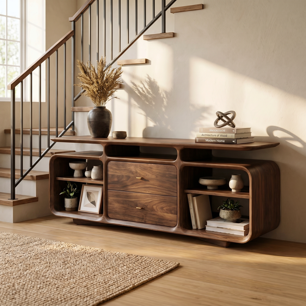 Solid Wood Low Sideboard Cabinet with Drawers and Open Storage Shelves