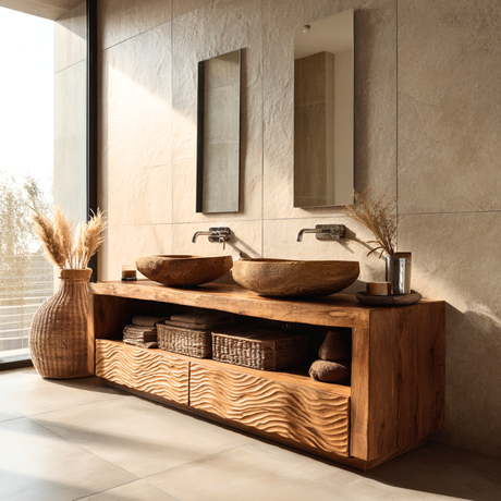 Wood Double Bathroom Vanity with Carved Wave Drawers and Open Shelf