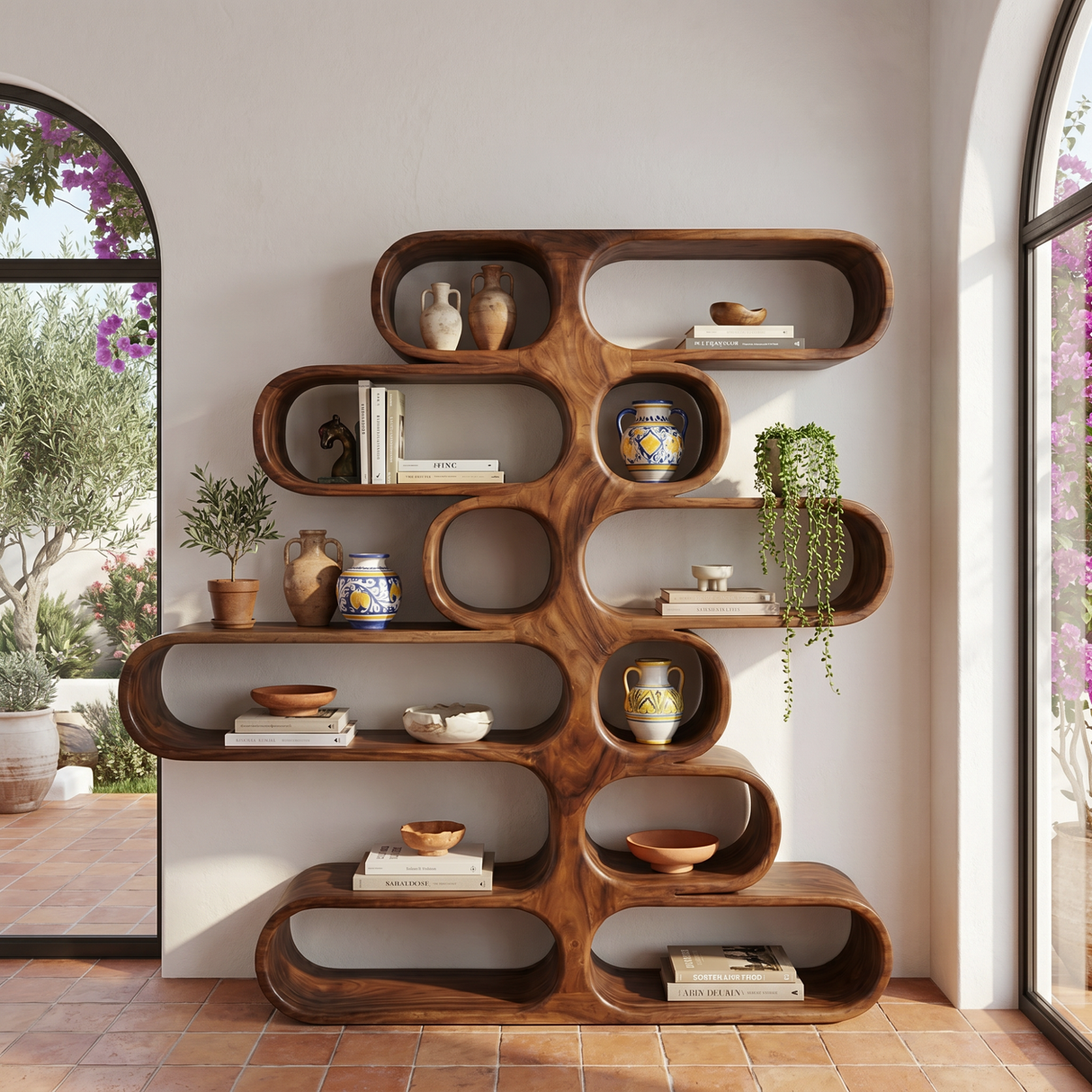 Handcrafted Solid Wood Organic Bookshelf with Rounded Open Display Shelves