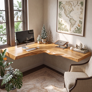 Live Edge Solid Wood Floating Corner Desk with Organic L Shaped Design