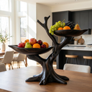 Handcrafted Branch-Form Solid Wood Fruit Bowl with Dual Raised Serving Trays