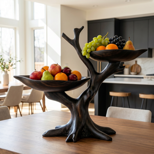 Handcrafted Branch-Form Solid Wood Fruit Bowl with Dual Raised Serving Trays