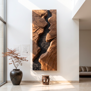 Vertical Sculpted Wood Wall Art with Layered Relief and Contrasting Textures