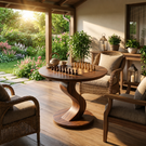 Solid Wood Round Chess Table with Curved Sculptural Pedestal Base