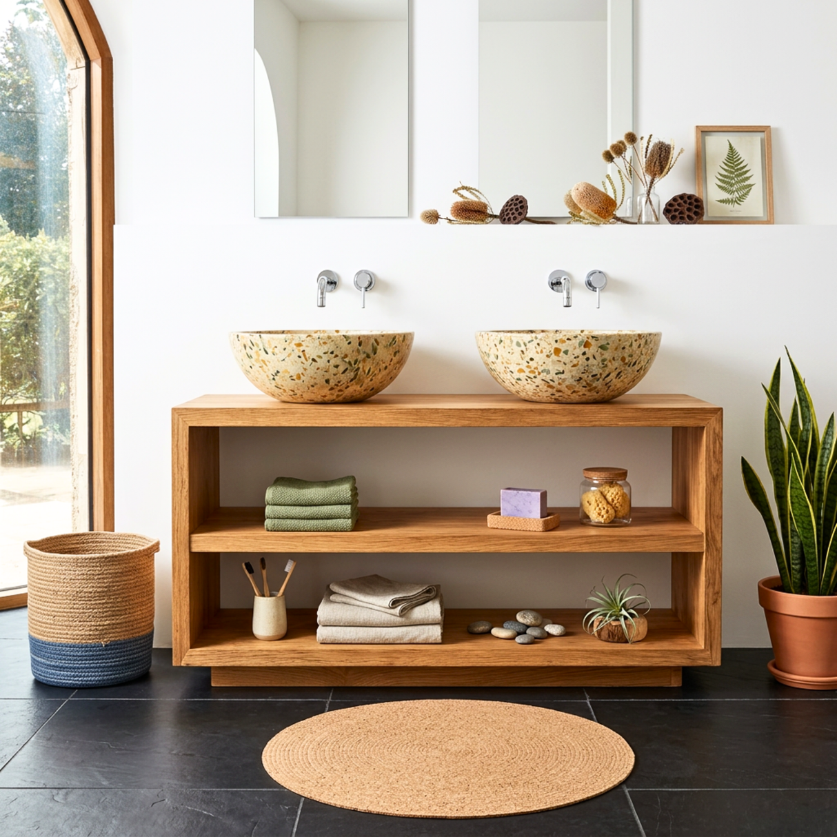 Open Shelf Wood Double Bathroom Vanity