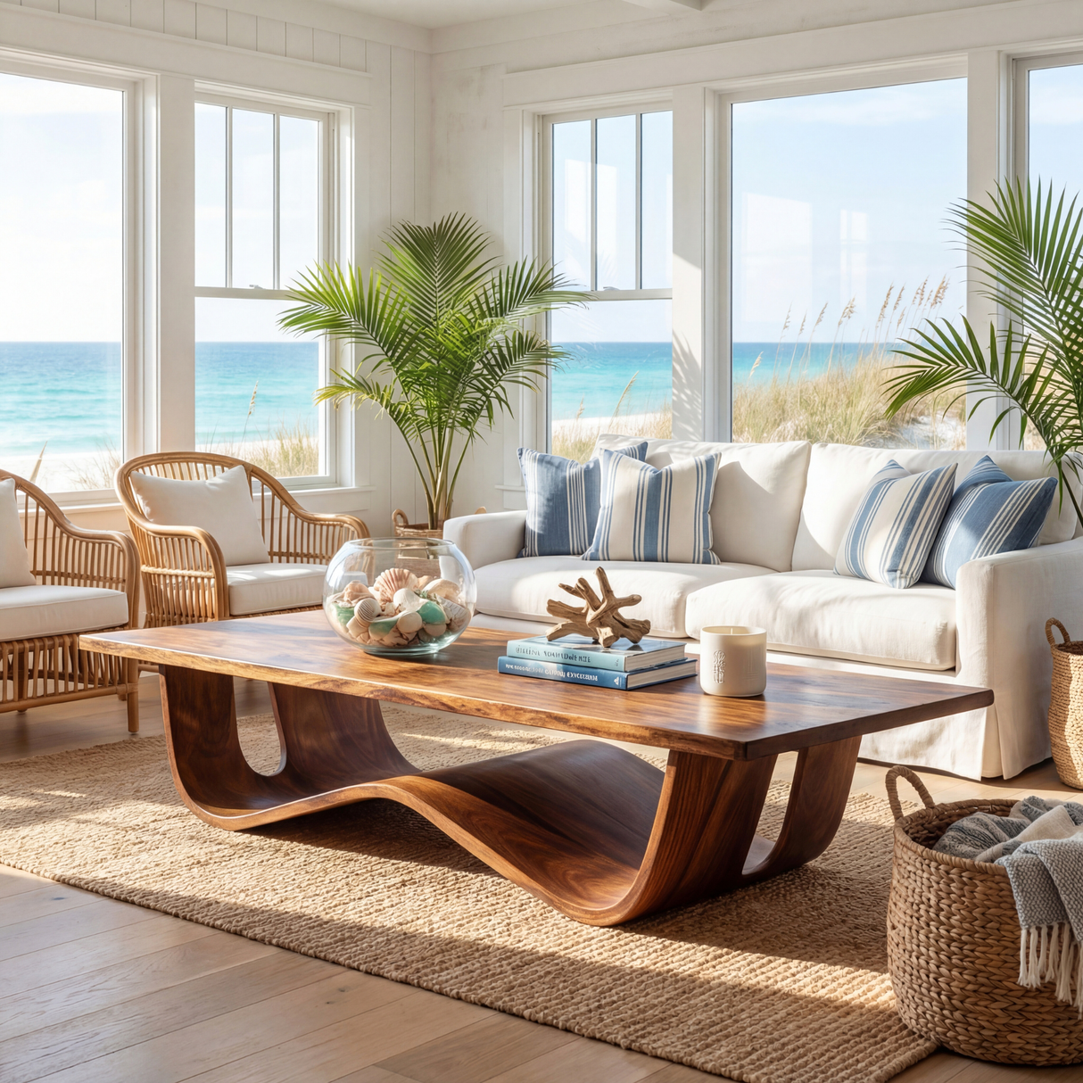 Sculptural Solid Wood Coffee Table with Curved Waterfall Base