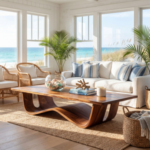 Sculptural Solid Wood Coffee Table with Curved Waterfall Base