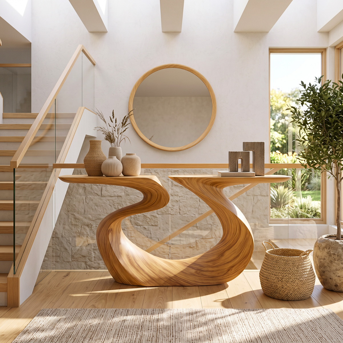 Artistic Solid Wood Console Table with Ribbon Curves and Split Top