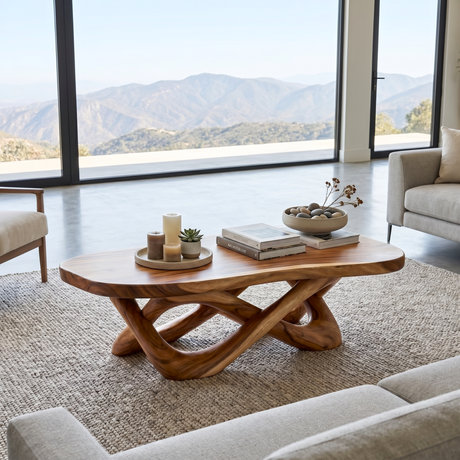 Handcrafted Solid Wood Coffee Table with Interwoven Sculptural Base and Rounded Top