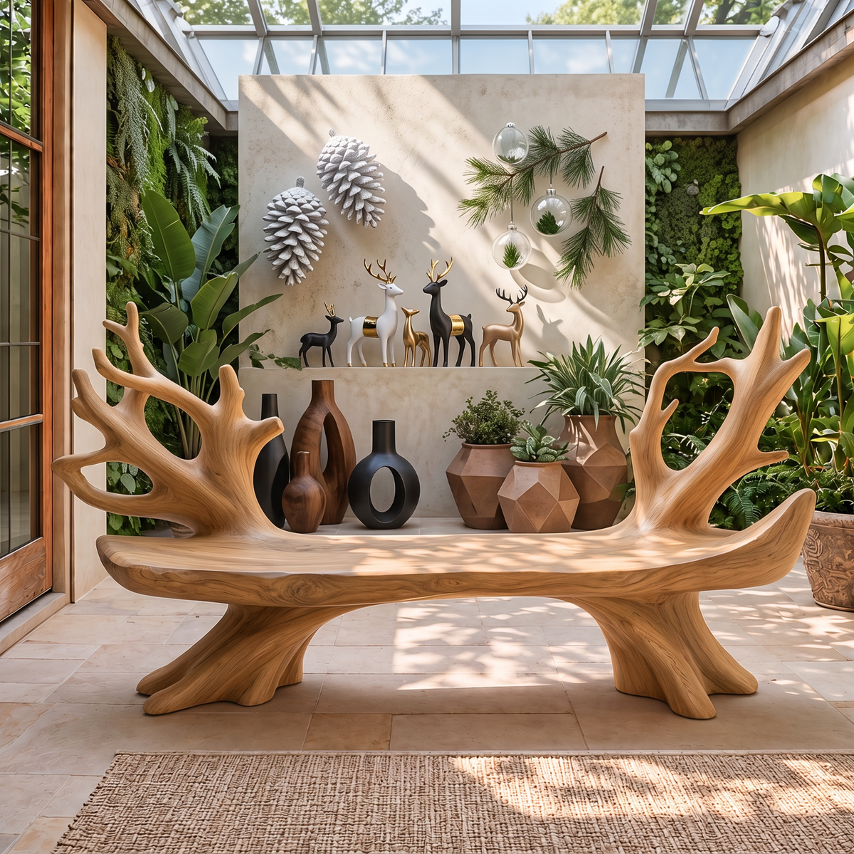 Sculptural Solid Wood Garden Bench with Organic Branch Backrest for Outdoor Patio