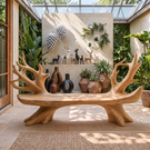 Sculptural Solid Wood Garden Bench with Organic Branch Backrest for Outdoor Patio