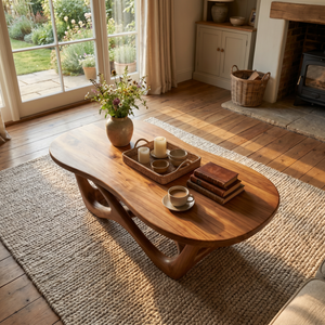 Cottage Solid Wood Coffee Table with Sculpted Open Base and Rounded Rectangular Top