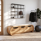 Curved Solid Wood Shoe Cabinet Bench with Three Hidden Storage Compartments