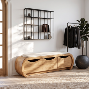 Curved Solid Wood Shoe Cabinet Bench with Three Hidden Storage Compartments