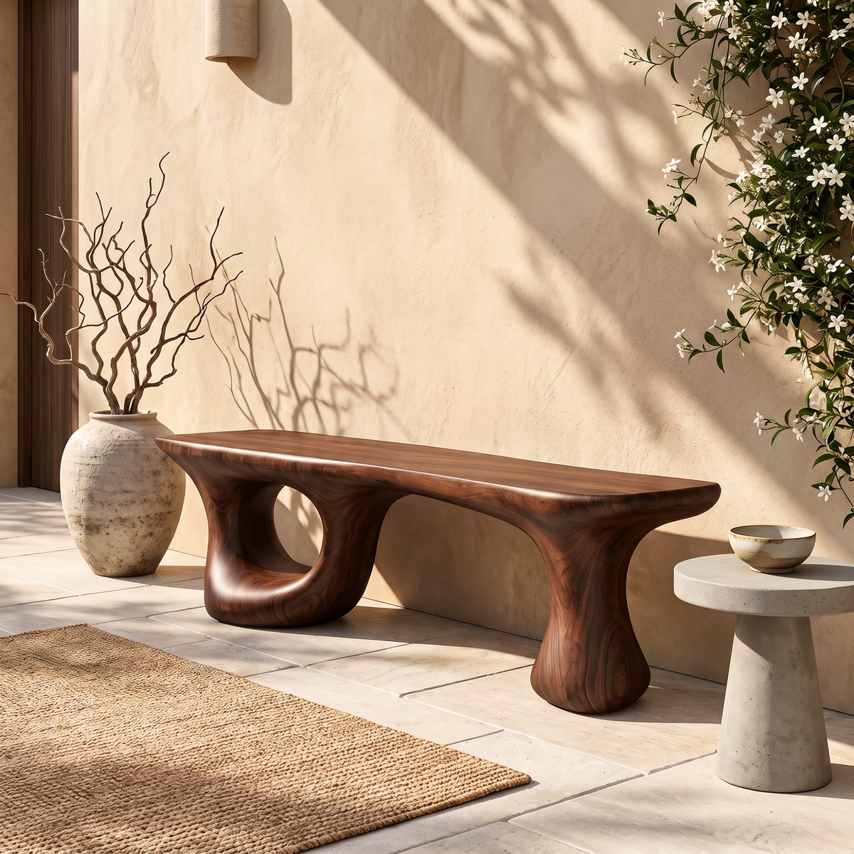 Bench Solid Wood with Sculptural Loop and Pedestal Base with Flowing Live Edge Seat