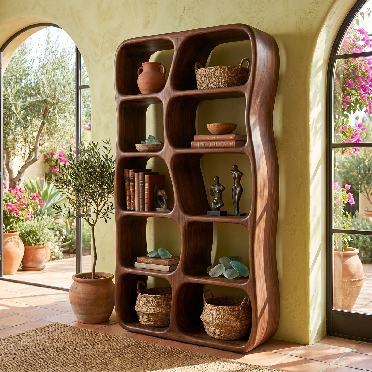 Sculptural Solid Wood Bookshelf with Organic Open Niches