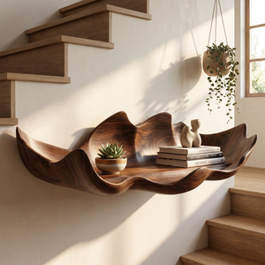 Handcrafted Solid Wood Bloom Tray Wall Shelf with Sculpted Petal Edge